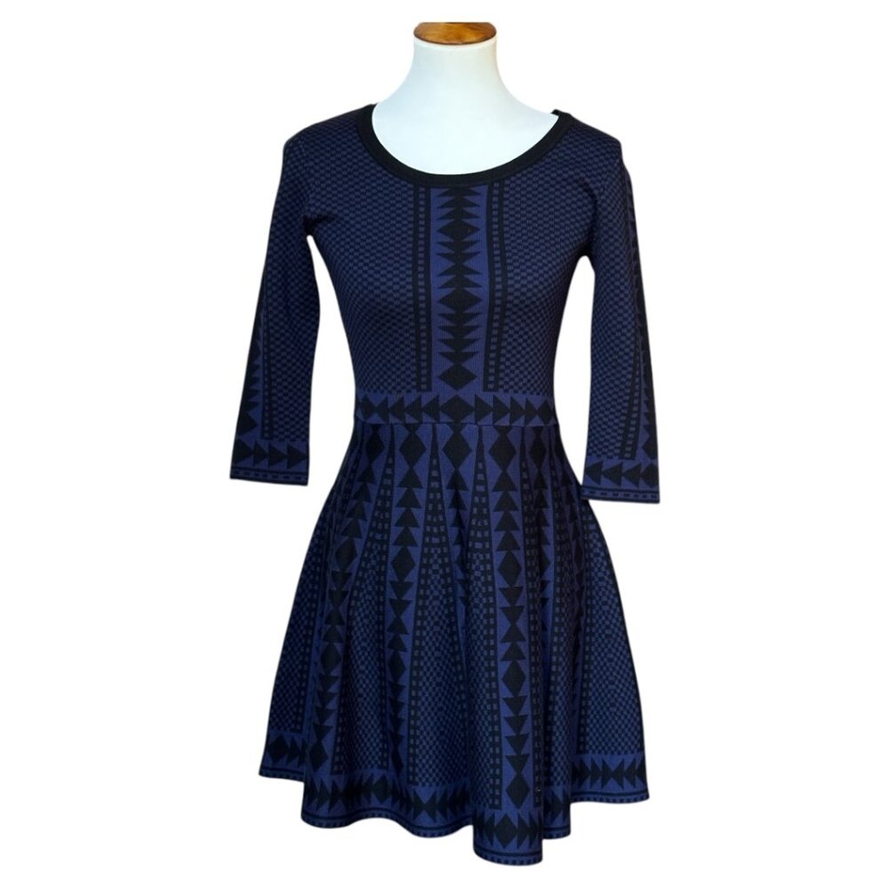 Nina Leonard Geometric Fit & Flare Sweater Dress Small